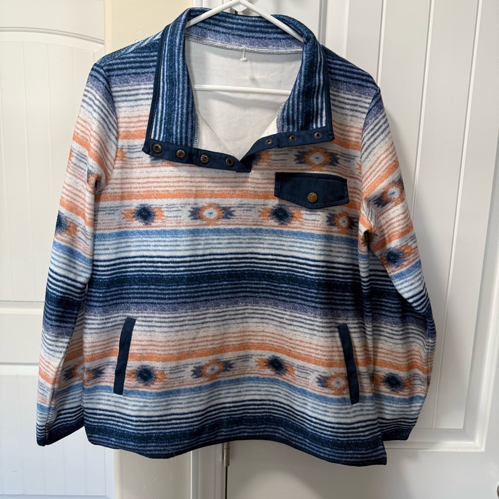 Polar Fleece Southwest Pullover Snap Mock Neck Pockets Womens XL Polyester